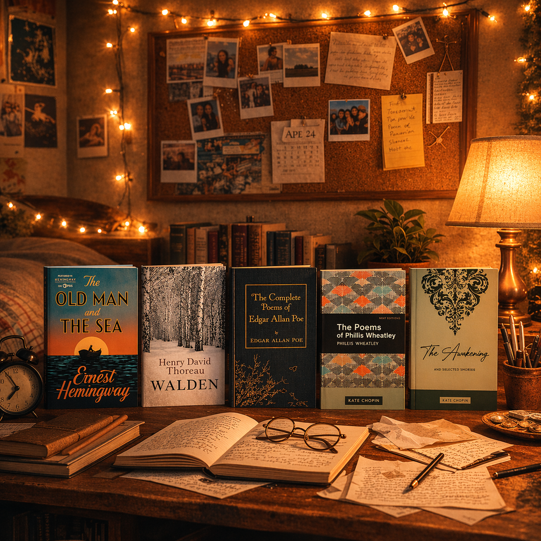 Wooden desk with books, glasses, and papers under string lights and a lamp.