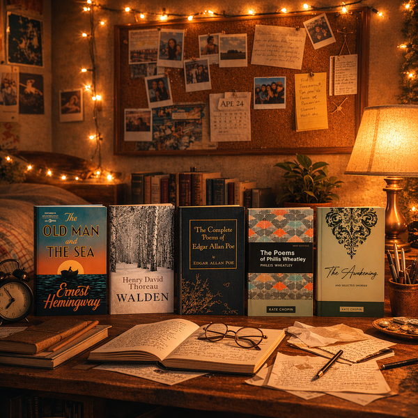 Wooden desk with books, glasses, and papers under string lights and a lamp.