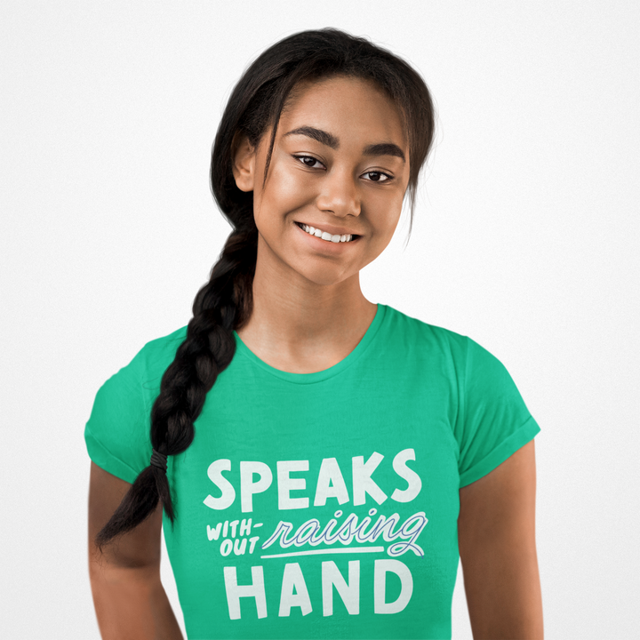 Adult Size Short Sleeve Tee | Speaks Without Raising Hand - Fun Unisex Jersey Short Sleeve Shirt, Gift for Homeschooler