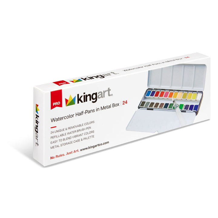 PRO Watercolor Half Pans in Metal Box – 24 Colors & Water Brush Pen