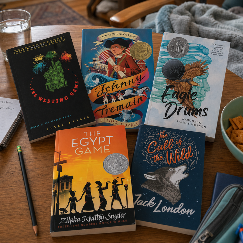 Five books on a wooden table with a glass of water and snacks.