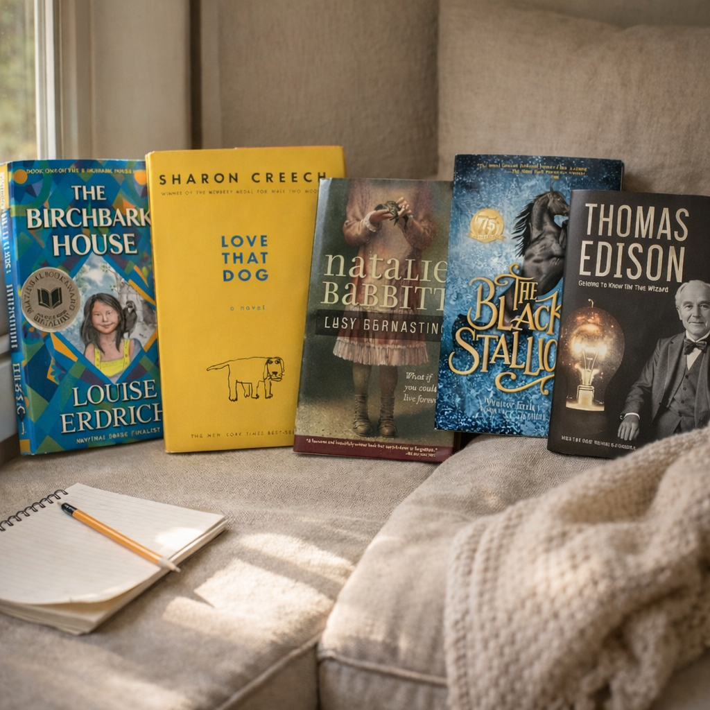 Collection of books on a couch with a notebook and pencil
