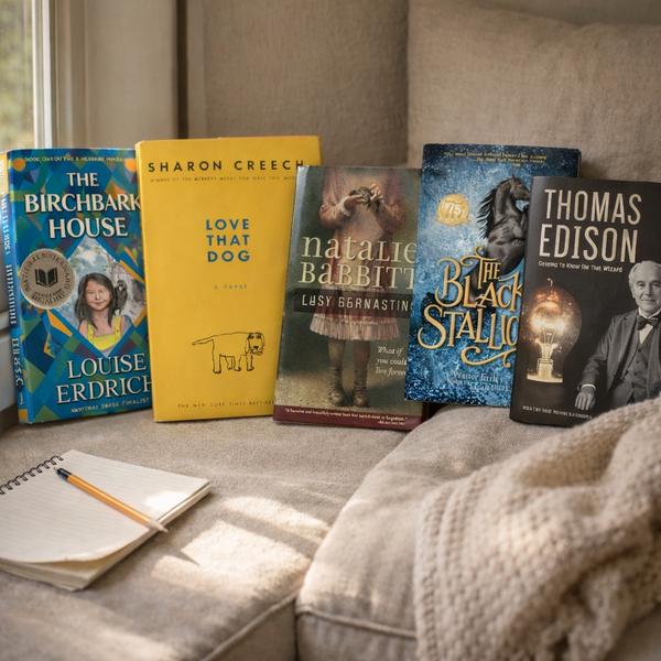 Collection of books on a couch with a notebook and pencil