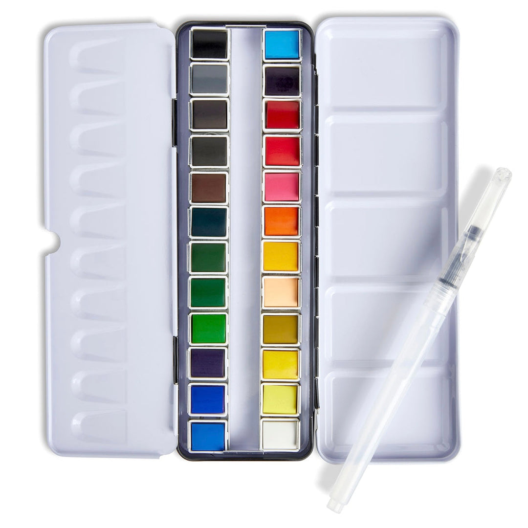 PRO Watercolor Half Pans in Metal Box – 24 Colors & Water Brush Pen