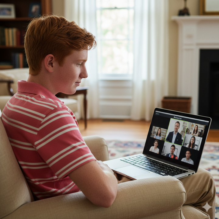 Person sitting on a couch using a laptop in a living room with a fireplace and bookshelf. Brightspire Virtual School