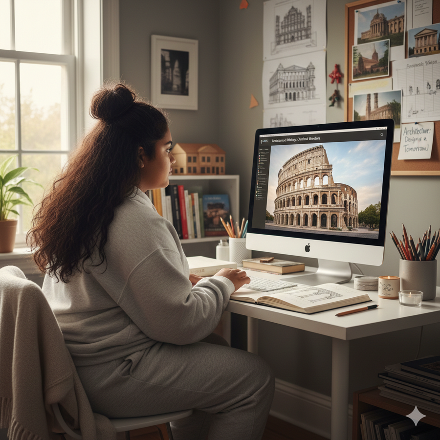 Person sitting at a desk with a computer displaying the Colosseum, surrounded by books and stationery. Brightspire Virtual School