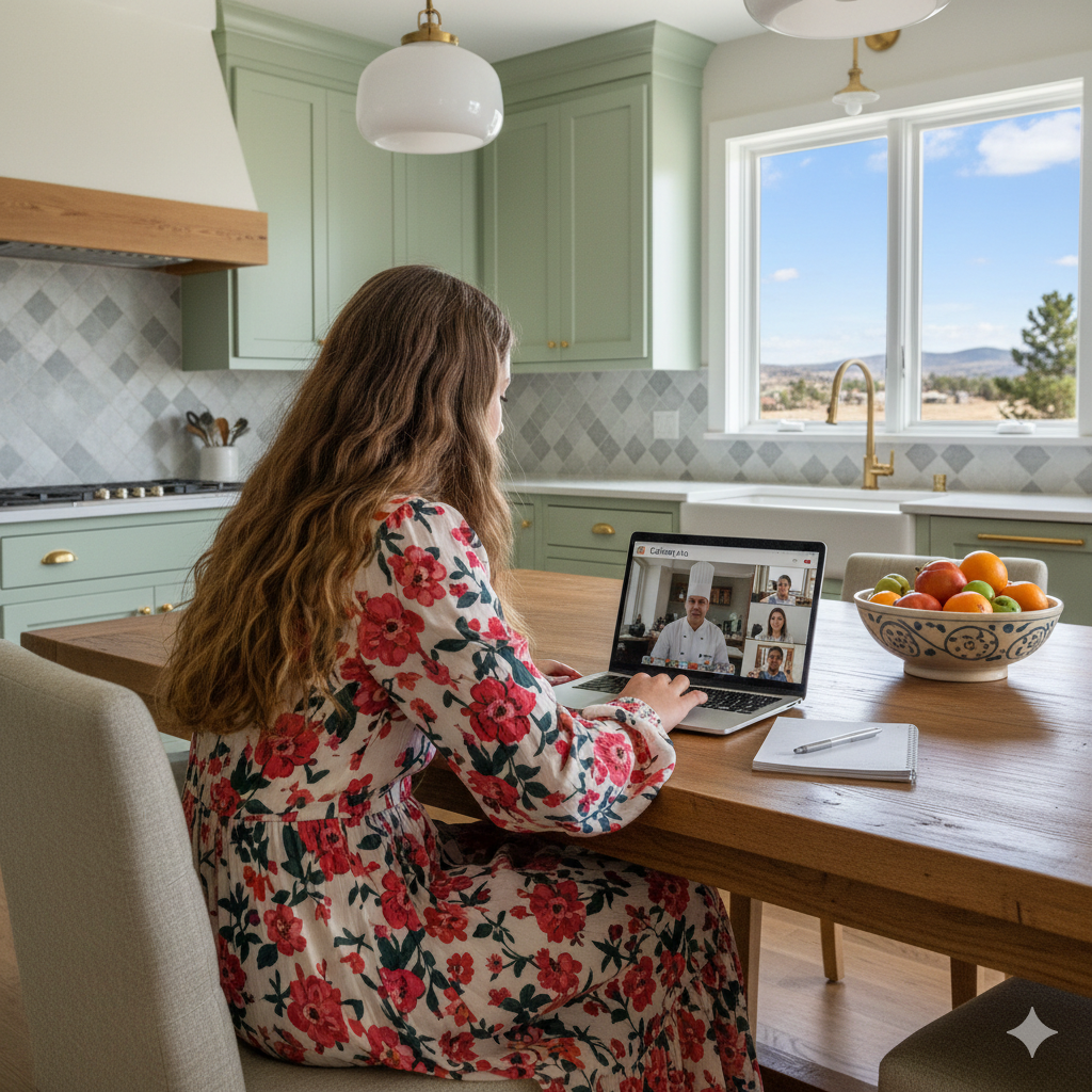 Woman in a floral dress using a laptop in a kitchen with a view of the outdoors.