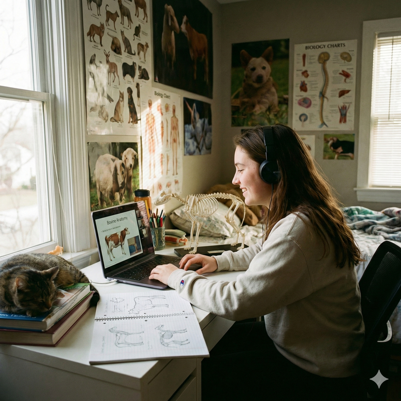 Person studying in a room with animal-themed posters and a skeleton model. Brightspire Virtual School