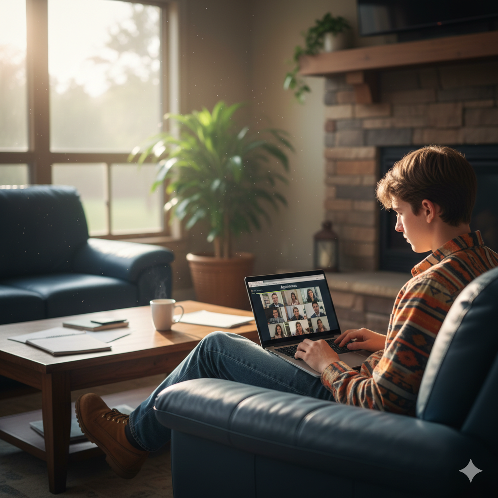 Person sitting on a couch using a laptop in a cozy living room.