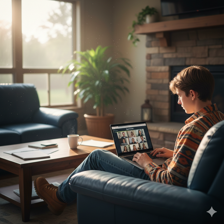 Person sitting on a couch using a laptop in a cozy living room.