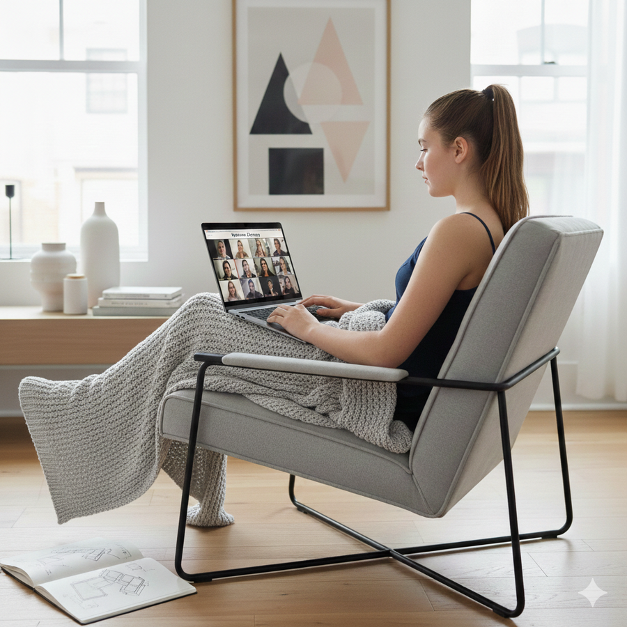 Woman sitting in a modern chair using a laptop in a bright living room. Brightspire Virtual School