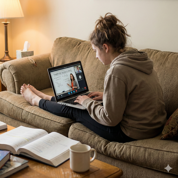 Person sitting on a couch using a laptop with books and a mug on a table in front of them. Brightspire Virtual School