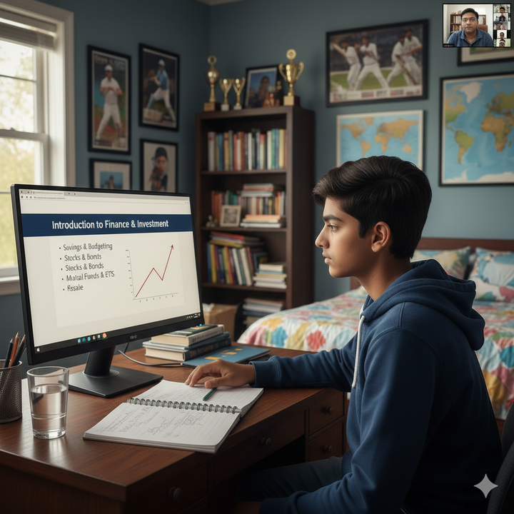 Person studying finance and investment on a computer in a bedroom with books and maps. Brightspire Virtual School
