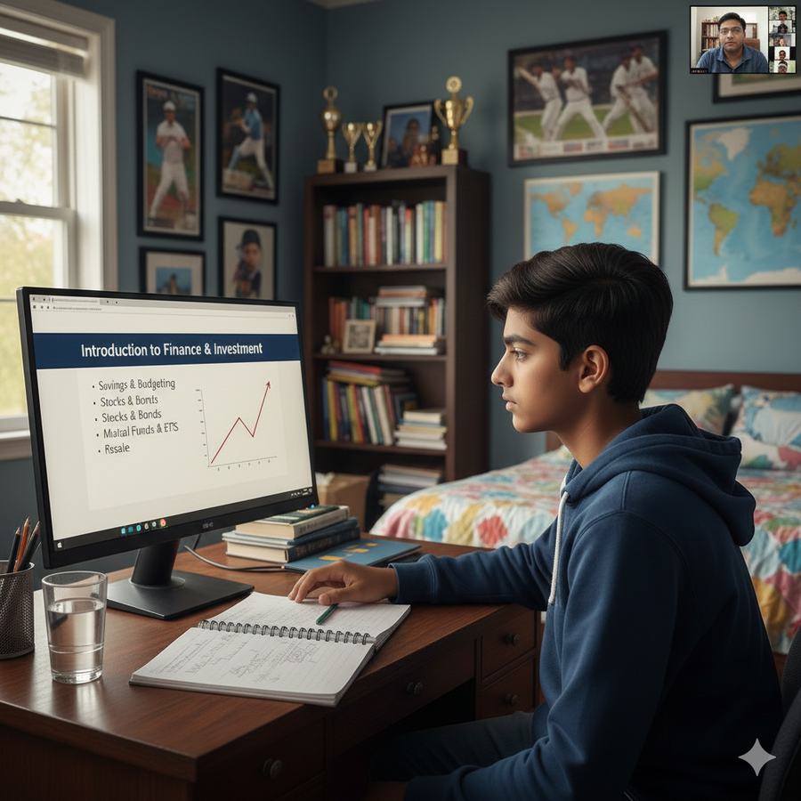 Person studying finance and investment on a computer in a bedroom with books and maps. Brightspire Virtual School