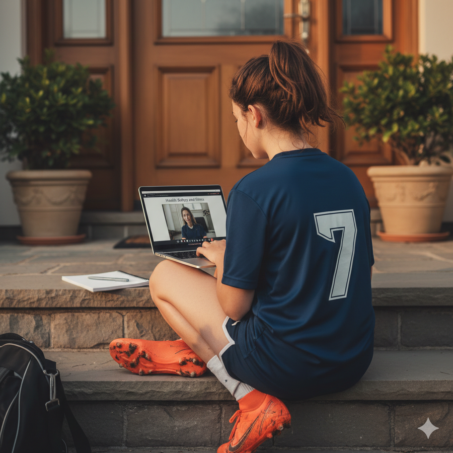 Person sitting on steps using a laptop, wearing a blue sports jersey with the number 7. Brightspire Virtual School