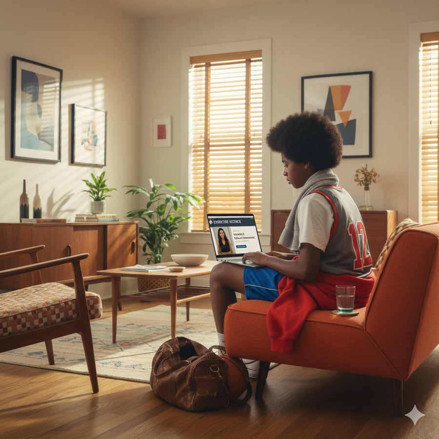 Person sitting on an orange couch using a laptop in a living room. Brightspire Virtual School