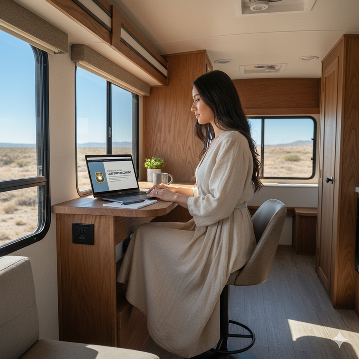 Woman working on a laptop inside a modern RV with large windows. Brightspire Virtual School
