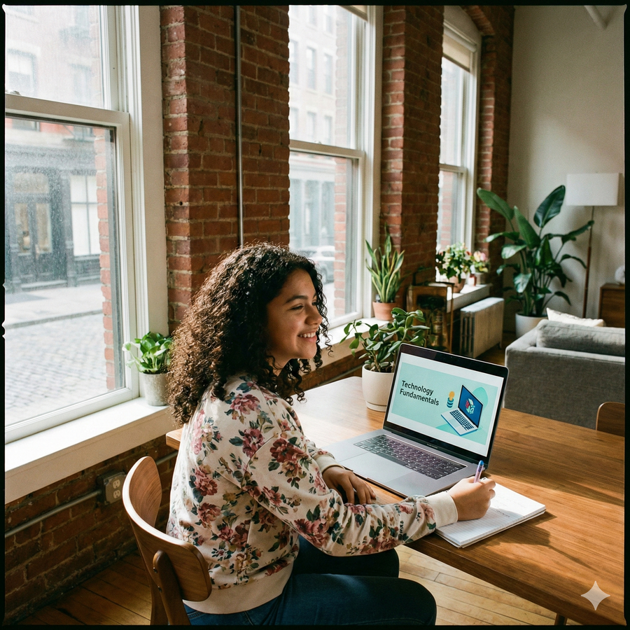 Woman sitting at a desk with a laptop in a modern office setting Brightspire Virtual School