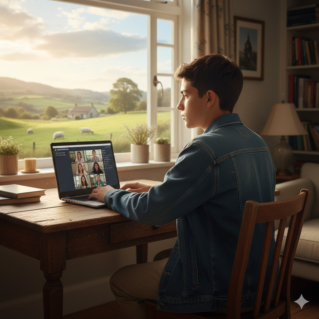 Person sitting at a desk with a laptop, looking out a window with a scenic view.