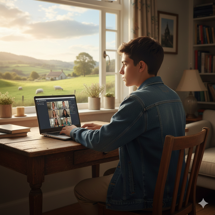 Person sitting at a desk with a laptop, looking out a window with a scenic view.