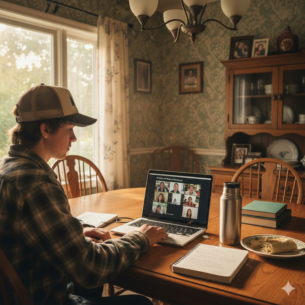 Person sitting at a table with a laptop, notebook, and water bottle, participating in a video call Brightspire Virtual School
