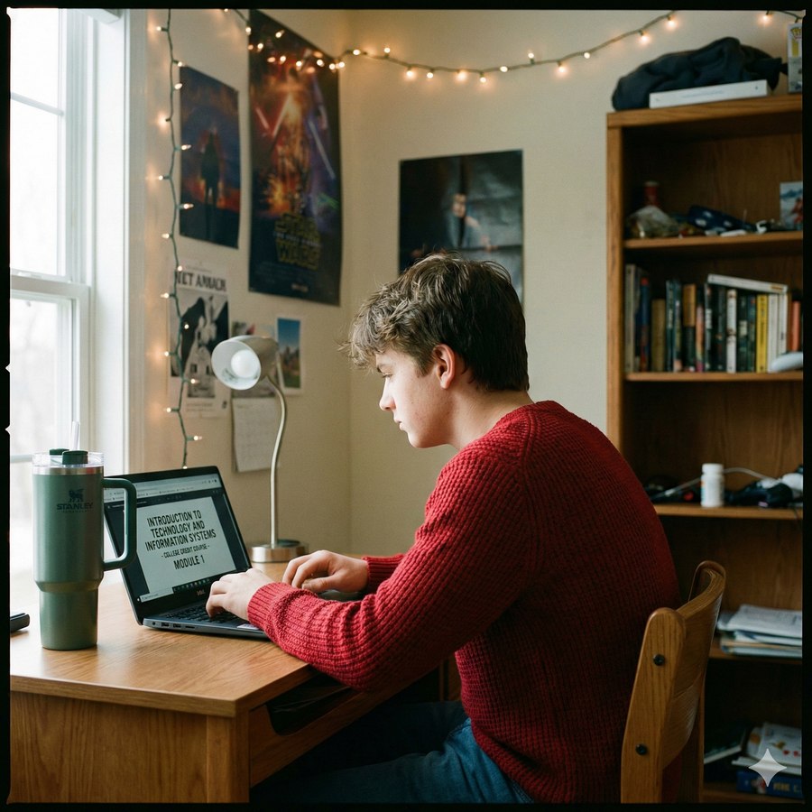 Person sitting at a desk using a laptop in a room with bookshelves and string lights. Brightspire Virtual School