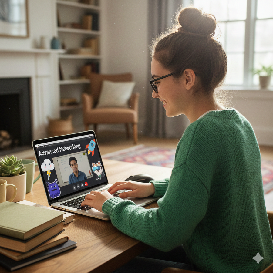 Woman in green sweater using a laptop with an 'Advanced Networking' course on screen in a home setting.
