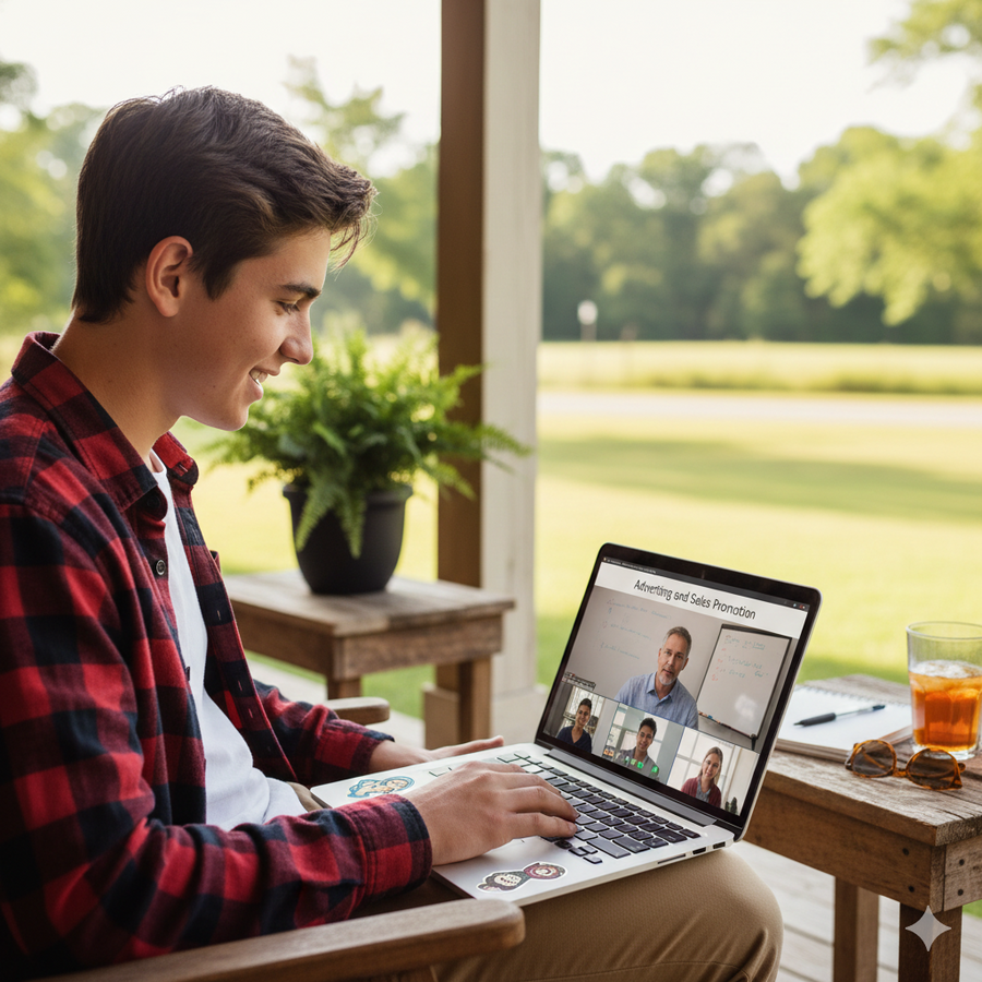 Person using a laptop outdoors with a scenic background Brightspire Virtual School