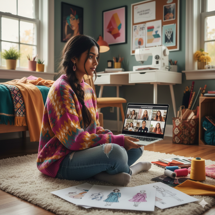 Woman sitting on the floor with a laptop in a room with sewing equipment and art supplies Brightspire Virtual School