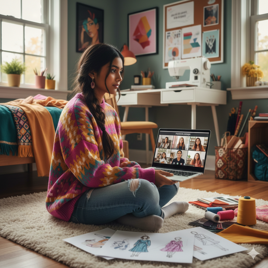Woman sitting on the floor with a laptop in a room with sewing equipment and art supplies Brightspire Virtual School