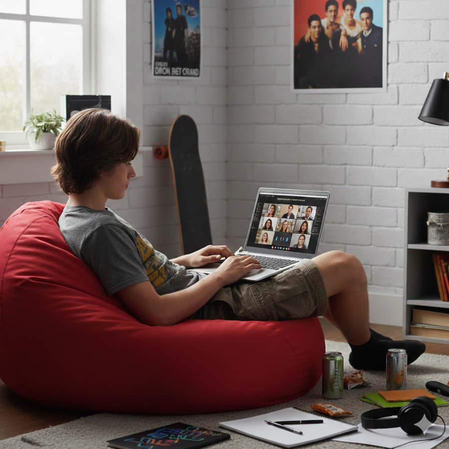 Person sitting on a red bean bag chair using a laptop in a room with posters on the wall. Brightspire Virtual School