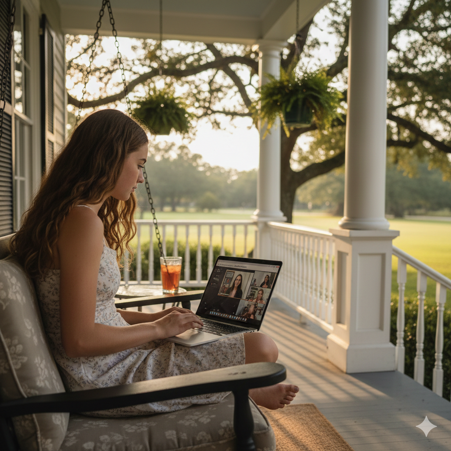 Woman using a laptop on a porch with a scenic view Brightspire Virtual School
