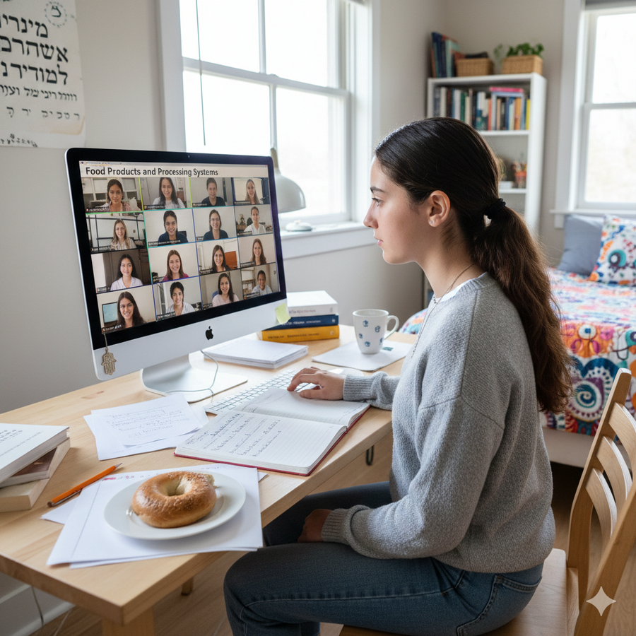 Woman sitting at a desk with a computer screen displaying a video call, in a home office setting. Brightspire Virtual School