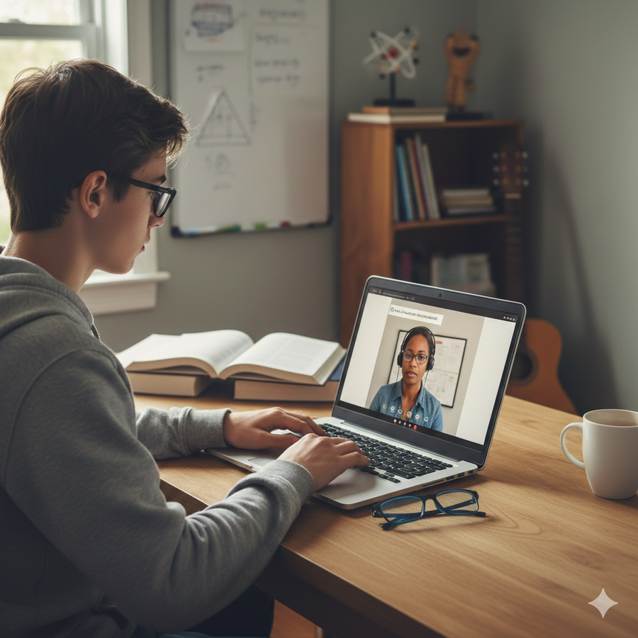 Person on a video call with another person on a laptop in a home office setting. Brightspire Virtual School