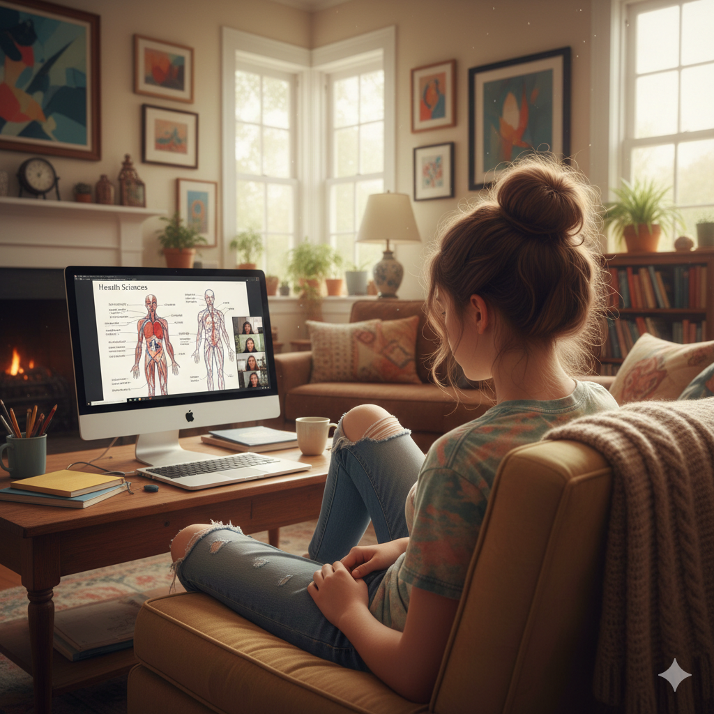 Woman sitting on a couch in a living room, using a computer with educational content displayed.