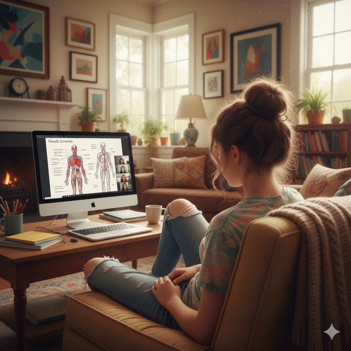 Woman sitting on a couch in a living room, using a computer with educational content displayed.