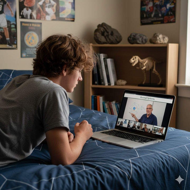 Person lying on a bed using a laptop with a video call on the screen, in a room with posters and books.