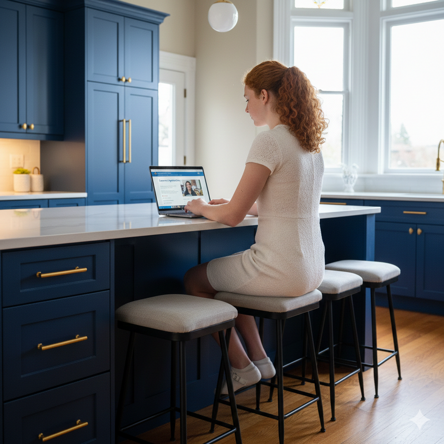 Woman using a laptop at a kitchen island with blue cabinets and white countertops.