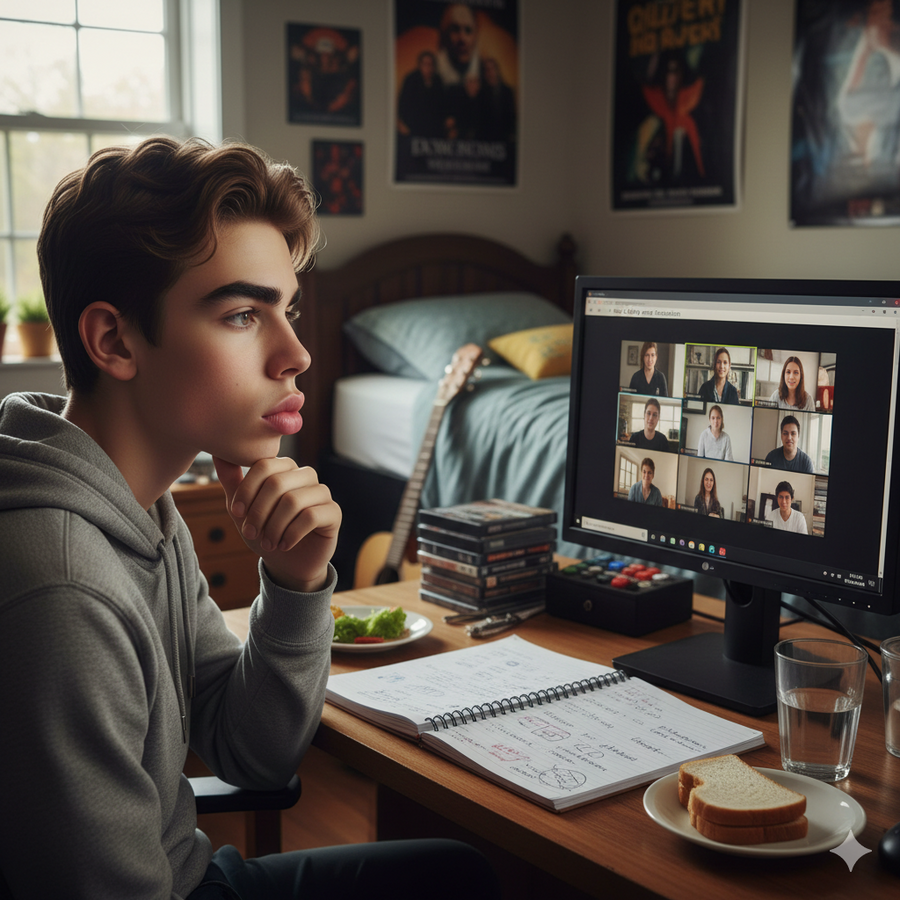 Person sitting at a desk with a computer screen showing a video call, in a room with posters on the wall. Brightspire Virtual School