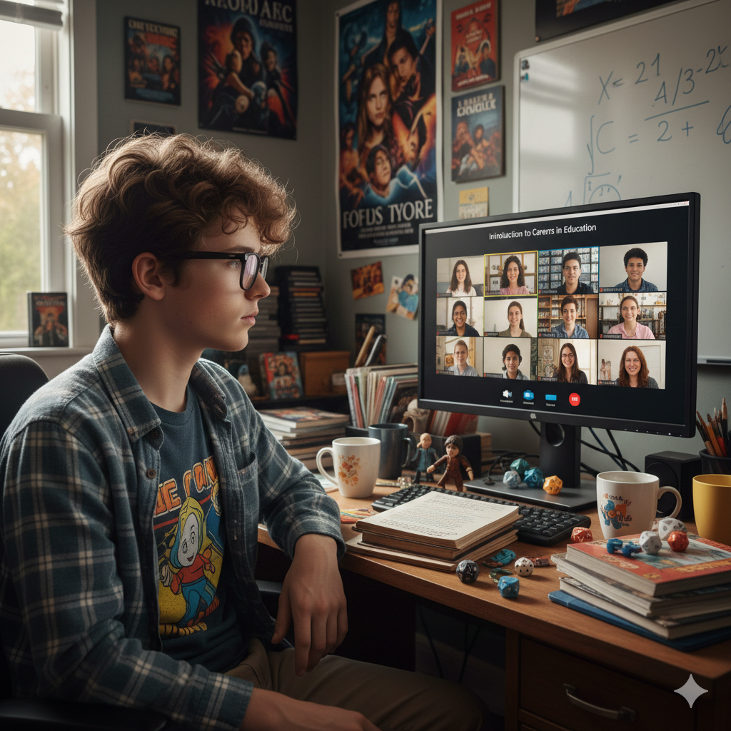 Young boy sitting at a desk with a computer screen displaying a virtual meeting.