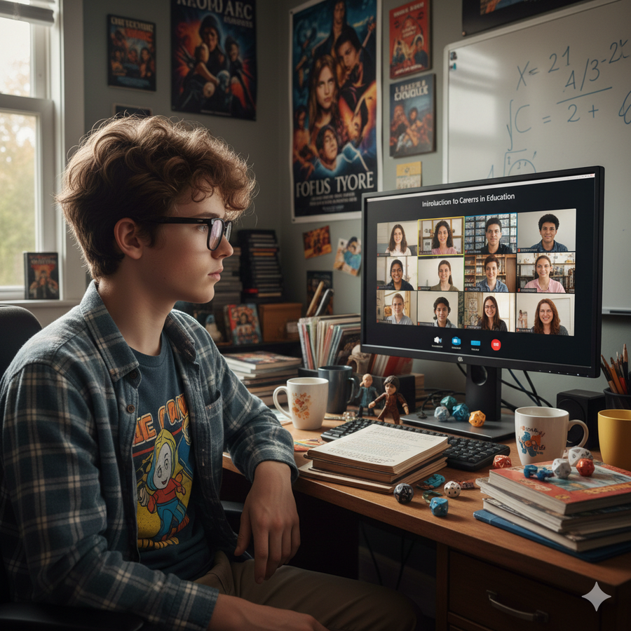 Young boy sitting at a desk with a computer screen displaying a virtual meeting. Brightspire Virtual School
