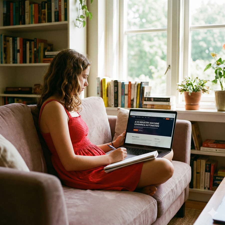 Woman in a red dress sitting on a couch with a laptop and notebook, surrounded by books and plants. Brightspire Virtual School