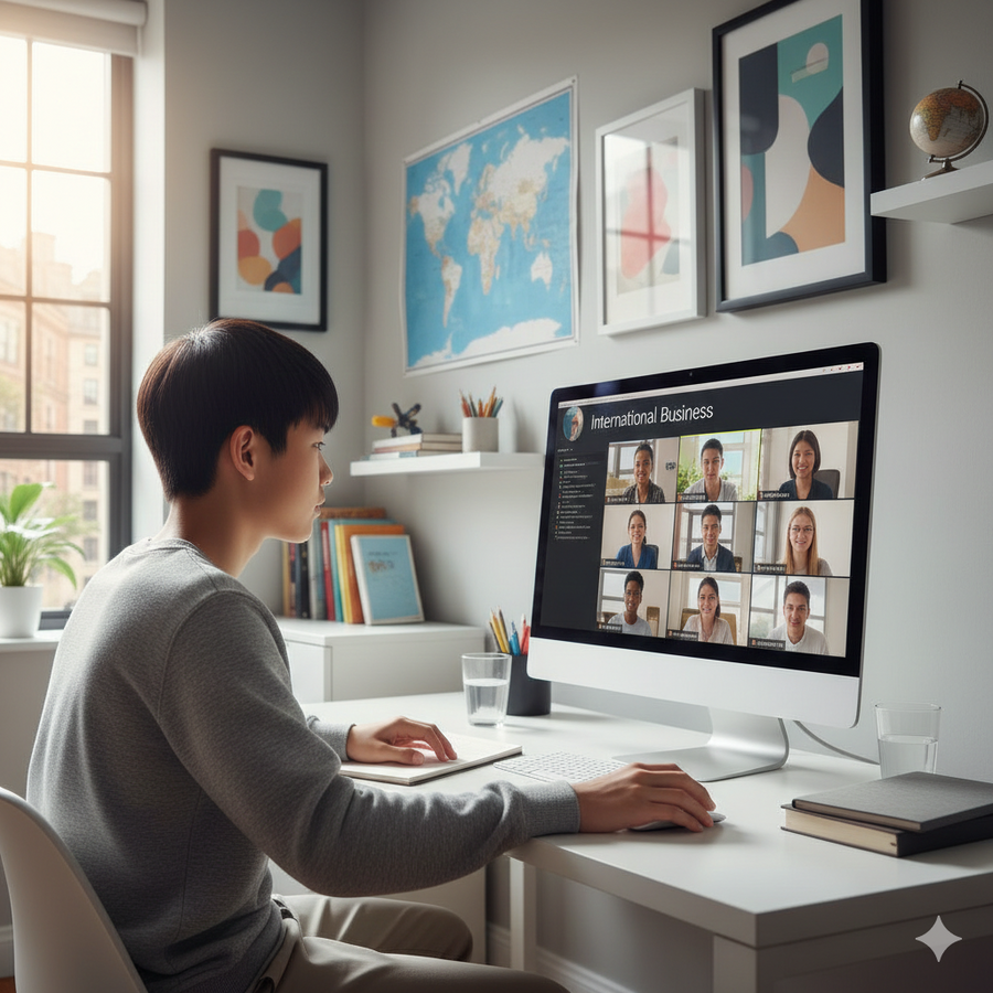 Person sitting at a desk with a computer screen showing a video call with multiple participants. Brightspire Virtual School