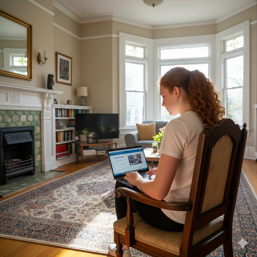 Woman using a laptop in a cozy living room with a fireplace and large windows. Brightspire Virtual School