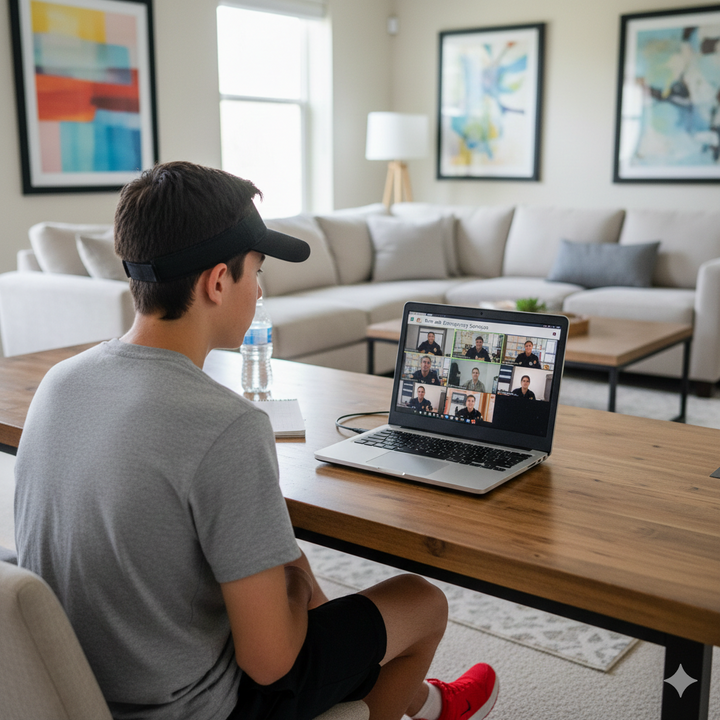 Person sitting at a desk with a laptop in a living room, participating in a video call. Brightspire Virtual School
