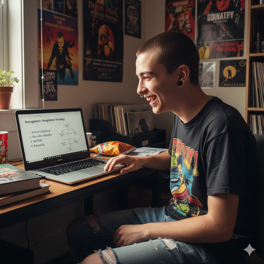 Person sitting at a desk with a laptop, surrounded by books and posters on the wall. Brightspire Virtual School