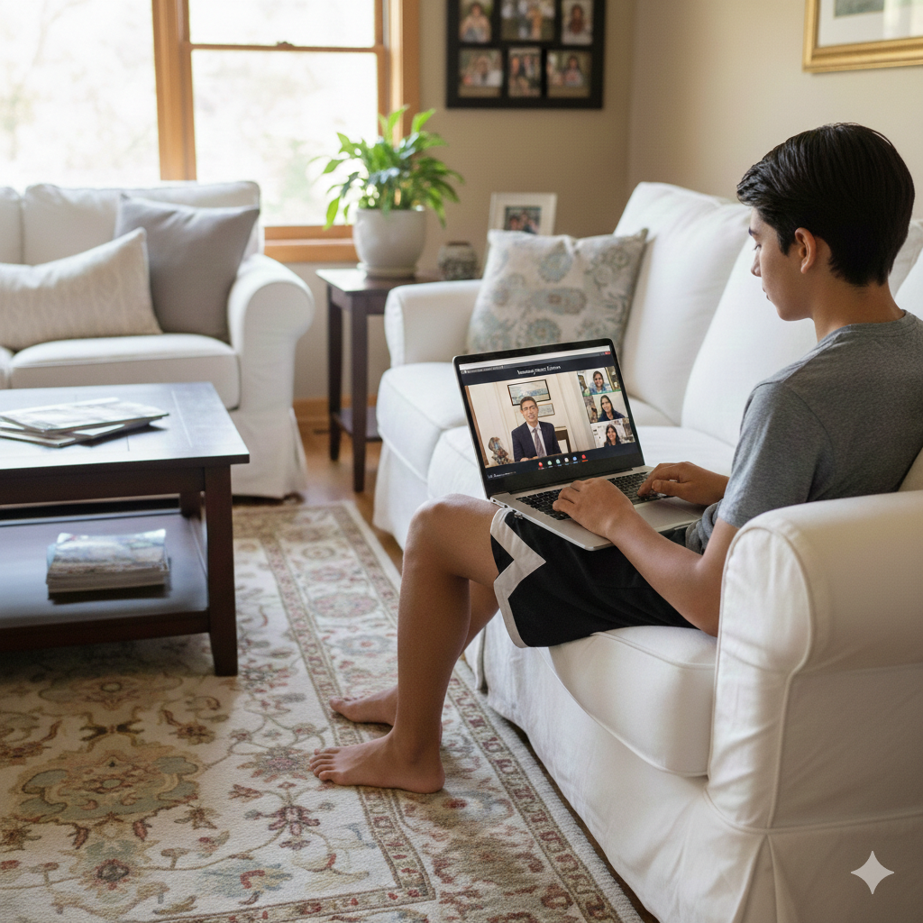 Person sitting on a couch using a laptop in a living room