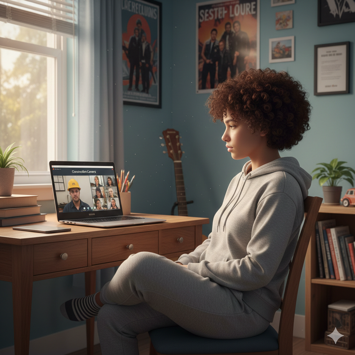 Person sitting at a desk with a laptop in a room with posters on the wall