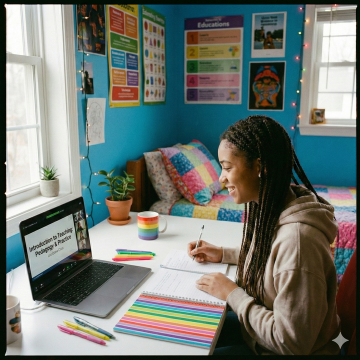 Person studying in a colorful room with a laptop, notebook, and rainbow-themed stationery. Brightspire Virtual School