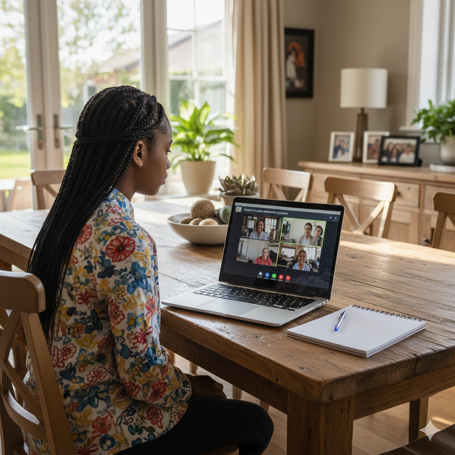 Person sitting at a wooden table with a laptop, engaged in a video call with multiple people. Brightspire Virtual School